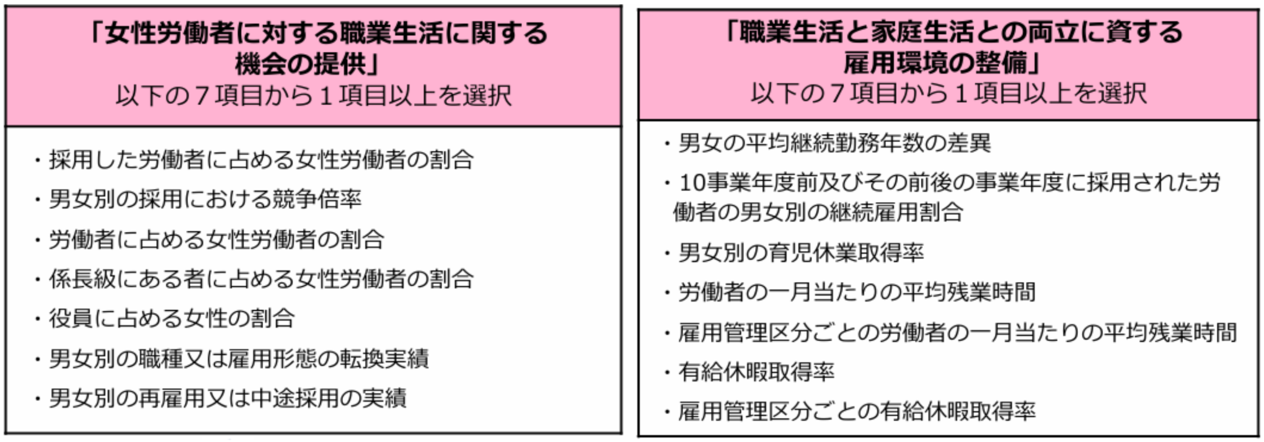 女性労働者に対する職業生活に関する機会の提供に関する実績 / 職業生活と家庭生活との両立に資する雇用環境の整備に関する実績